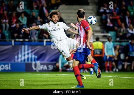 Tallinn, Estonia. Il 15 agosto, 2018. Marcelo di FC Real Madrid in azione in Coppa UEFA Intertoto 2018 in Tallinn.La Supercoppa UEFA 2018 è stato svolto tra il Real Madrid e il Atlético de Madrid. Atletico Madrid ha vinto la partita 4-2 durante il tempo extra dopo e ha preso il trofeo dopo il disegno a 2-2 durante i primi 90 minuti di gioco. Credito: Hendrik Osula SOPA/images/ZUMA filo/Alamy Live News Foto Stock