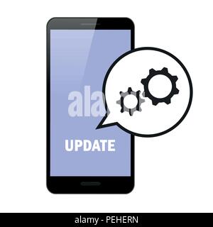 Aggiornamento del software di aggiornamento degli ingranaggi dello smartphone in parola bubble illustrazione vettoriale EPS10 Illustrazione Vettoriale