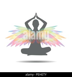 Persona che medita in una lotus posano con ali colorate illustrazione vettoriale EPS10 Illustrazione Vettoriale