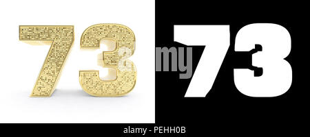 Numero aureo settantatre (numero 73) su sfondo bianco con ombra e canale alfa. 3D'illustrazione. Foto Stock