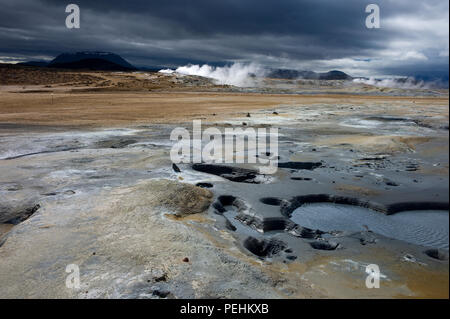 Piscine a caldo e fumante fumeroles in piena estate a Hverarond o Namaskard, un'area vulcanica adiacente al percorso 1 in prossimità del Lago Myvatn, Islanda Foto Stock