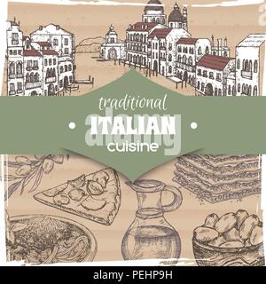 Modello Vintage con il paesaggio di Venezia e piatti della cucina italiana. Illustrazione Vettoriale