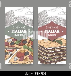 Due striscioni a colori con Roma paesaggio, la pizza e le lasagne in bianco. Illustrazione Vettoriale