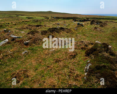 Visualizza SW di resti di epoca medievale (C14th) longhouse (acceso centro L a posteriori R) & cantieri anteriore (R) alla vedova Tenement, Lundy Island, Devon, Regno Unito. Foto Stock