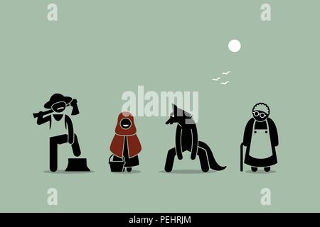 Quattro più importanti personaggi di Red Riding Hood Bedtime Story Progettato e illustrato in stick figura stile. Illustrazione Vettoriale
