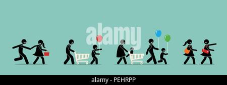 Persone di andare al centro commerciale per lo shopping. Illustrazione Vettoriale