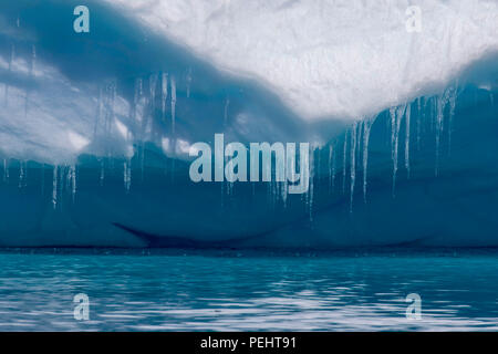 Ghiaccioli appesi da un iceberg in Antarctiva Foto Stock