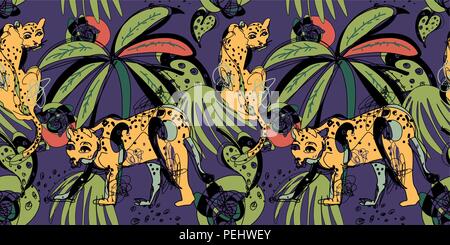Modello senza cuciture con leopardi e foglie tropicali Illustrazione Vettoriale