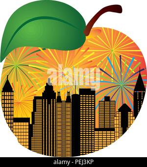 Atlanta in Georgia dello skyline della Città notte cielo fuochi d'artificio Silhouette all'interno di Pesche Frutto illustrazione di contorno Illustrazione Vettoriale