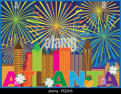 Atlanta in Georgia dello skyline della città Abstract con pesca Sanguinello fiori Fireworks Display testo colorato llustration Illustrazione Vettoriale