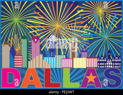Dallas Texas City Skyline contorno Fireworks Display con testo e Lone Star illustrazione astratta Illustrazione Vettoriale
