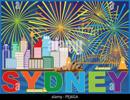 Sydney Australia Skyline Landmarks Harbour Bridge Abstract colorati fuochi d'artificio Immagine di sfondo Illustrazione Vettoriale