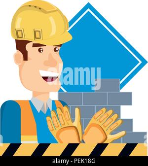 In costruzione design con lavoratore edile e le relative icone su sfondo bianco, illustrazione vettoriale Illustrazione Vettoriale