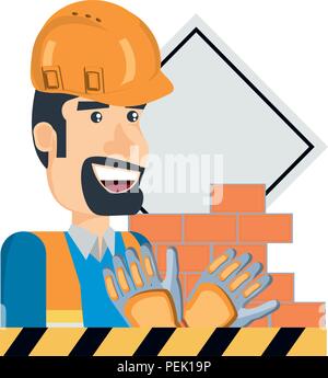 In costruzione design con lavoratore edile e le relative icone su sfondo bianco, illustrazione vettoriale Illustrazione Vettoriale