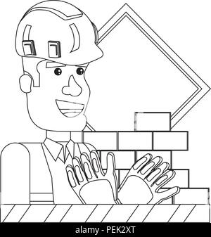 In costruzione design con lavoratore edile e le relative icone su sfondo bianco, illustrazione vettoriale Illustrazione Vettoriale