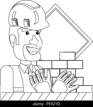 In costruzione design con lavoratore edile e le relative icone su sfondo bianco, illustrazione vettoriale Illustrazione Vettoriale