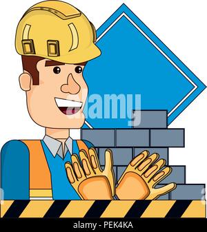 In costruzione design con lavoratore edile e le relative icone su sfondo bianco, illustrazione vettoriale Illustrazione Vettoriale