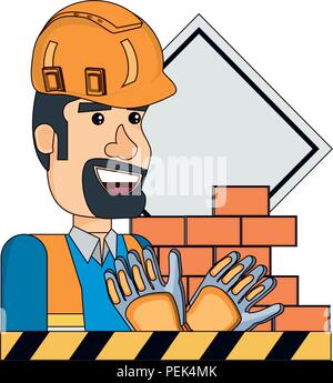 In costruzione design con lavoratore edile e le relative icone su sfondo bianco, illustrazione vettoriale Illustrazione Vettoriale