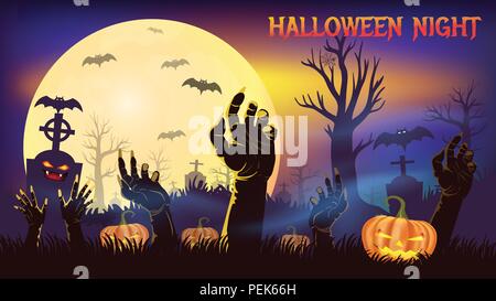 Mano di zombie che sorge fuori della tomba, la zucca in creepy cimitero cimitero, pipistrelli con la luna piena di sfondo, notte di Halloween party con spazio di copia Illustrazione Vettoriale