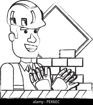 In costruzione design con lavoratore edile e le relative icone su sfondo bianco, illustrazione vettoriale Illustrazione Vettoriale