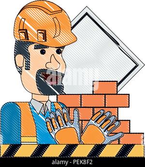 In costruzione design con lavoratore edile e le relative icone su sfondo bianco, illustrazione vettoriale Illustrazione Vettoriale