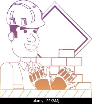 In costruzione design con lavoratore edile e le relative icone su sfondo bianco, illustrazione vettoriale Illustrazione Vettoriale
