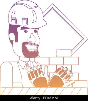 In costruzione design con lavoratore edile e le relative icone su sfondo bianco, illustrazione vettoriale Illustrazione Vettoriale