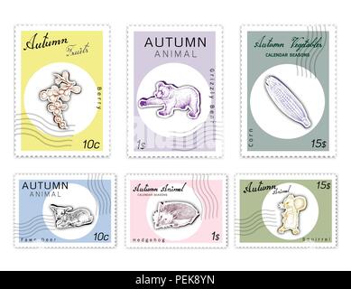 In autunno gli animali e le piante, Francobolli Set di mano Bozzetto dolce mais o granturco, Berry, Scoiattolo Orso grizzly, Hedgehogon e fulvo cervo nella trendy Illustrazione Vettoriale