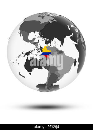 La Colombia con bandiera sul globo terrestre con ombra isolati su sfondo bianco. 3D'illustrazione. Foto Stock