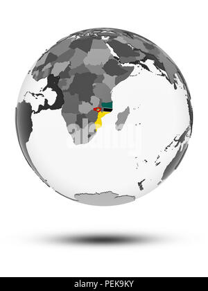 Mozambico con bandiera sul globo terrestre con ombra isolati su sfondo bianco. 3D'illustrazione. Foto Stock