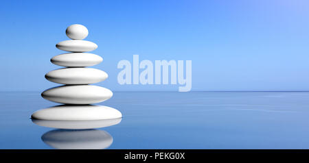 Concetto di Spa. Pietre Zen stack su acqua, cielo blu sullo sfondo. 3d illustrazione Foto Stock