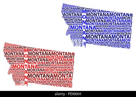 Schizzo Montana (Stati Uniti d'America) testo lettera mappa, Montana map - nella forma del continente, Mappa Montana - il rosso e il blu illustrazione vettoriale Illustrazione Vettoriale