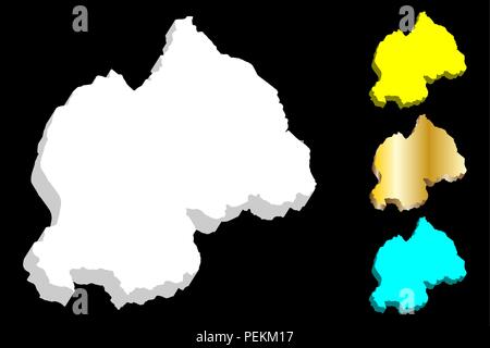Mappa 3D del Ruanda (Repubblica del Ruanda) - bianco, giallo, blu e oro - illustrazione vettoriale Illustrazione Vettoriale