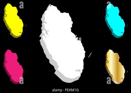 3D Mappa di Qatar (Stato del Qatar) - bianco, giallo, viola, blu e oro - illustrazione vettoriale Illustrazione Vettoriale