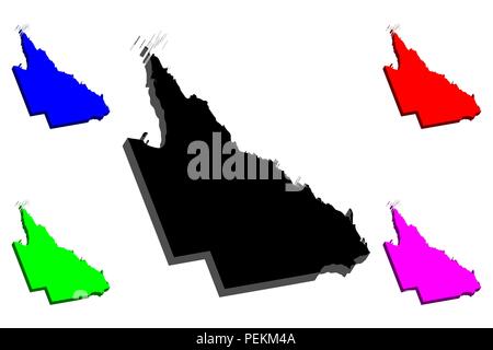 Mappa 3D del Queensland (Australia Stati e territori, QLD) - nero, rosso, viola, blu e verde - illustrazione vettoriale Illustrazione Vettoriale