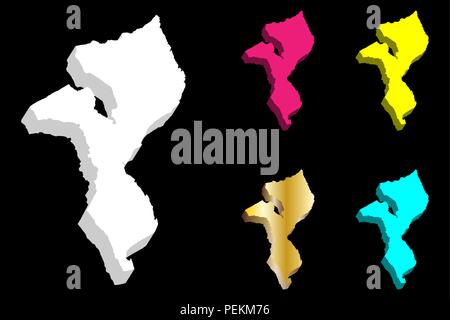 Mappa 3D del Mozambico (Repubblica del Mozambico) - bianco, giallo, viola, blu e oro - illustrazione vettoriale Illustrazione Vettoriale