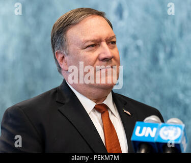 Il Segretario di Stato americano Mike Pompeo in occasione di una conferenza stampa nella sede delle Nazioni Unite a New York City il 20 Luglio 2018 Foto Stock
