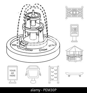 Park, attrezzature delineare le icone nella raccolta di set per il design. Passeggiate e riposo simbolo vettore illustrazione stock. Illustrazione Vettoriale