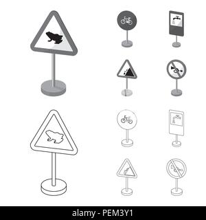 Diversi tipi di cartelli stradali contorno,icone monocromatiche in set di raccolta per il design. Avvertenza e cartelli di divieto simbolo vettore illustrazione stock. Illustrazione Vettoriale