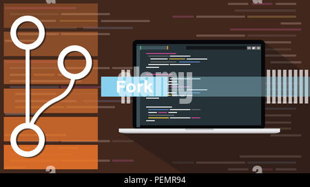Forcella git concetto con l'icona di stile di linea e il computer portatile di programmazione del codice di script illustrazione di testo Foto Stock