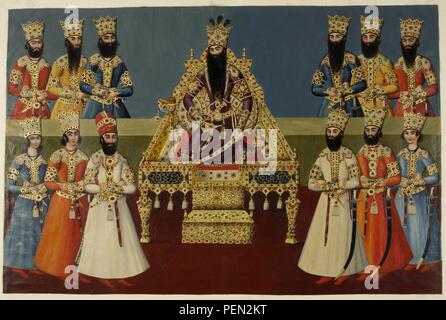 Untitled - didascalia "immagine da una copia ridotta del Palazzo Nigaristan murale che mostra Fath Ali Shah in trono con i suoi figli, frequentato da "ghulams'' Foto Stock