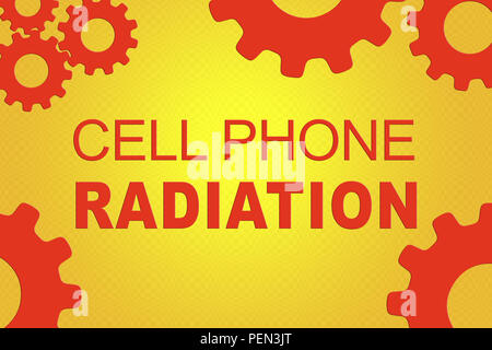 Telefono cellulare segno di radiazione concetto illustrazione con red ruota dentata figure su sfondo arancione Foto Stock