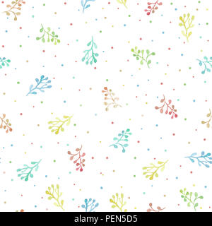 Modello senza cuciture con abstract colorato ramoscello e pois. Dipinto con acquerelli. Può essere utilizzato per la progettazione di imballaggi di profumo, la confezione regalo, Foto Stock