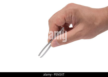 Stretta di mano d'uomo in possesso di una pinzetta. Foto Stock