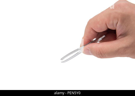 Stretta di mano d'uomo in possesso di una pinzetta. Foto Stock