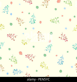 Modello senza cuciture con ramoscelli astratto e blot acquerelli su uno sfondo beige. Dipinto con acquerelli. Può essere utilizzato per la progettazione di profumo pack Foto Stock