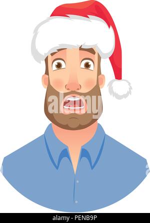Imprenditore della Santa Claus hat. Uomo spaventato. Volto di uomo con la barba Illustrazione Vettoriale
