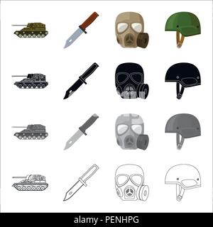 Semovente per pistola, coltello da combattimento militare, maschera a gas, esercito casco. Militare esercito e set di icone di raccolta in cartoon nero monocromatico in stile contorno vec Illustrazione Vettoriale