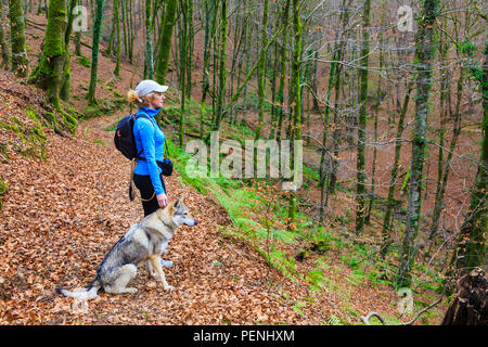 Donna con un cane in legno di faggio. Foto Stock