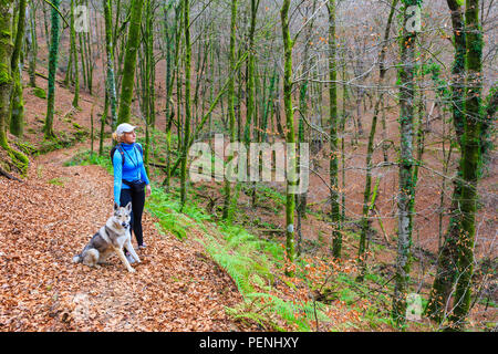 Donna con un cane in legno di faggio. Foto Stock